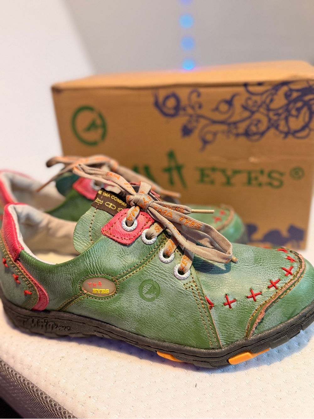 Women’s Green Leather Casual Sneakers with Pink Trim by W*EYES
